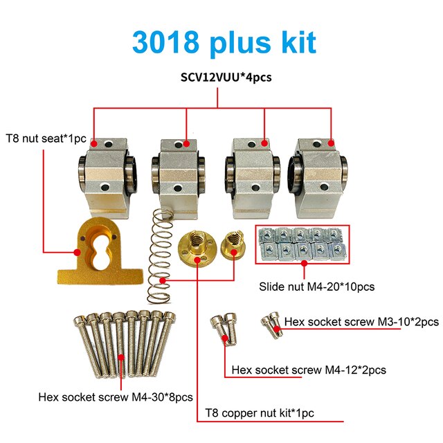 CNC 3018 SCV12VUU Bearing 12mm, 10mm for 4mm T8 Screw Lead, 12mm Bore for CNC Machine X Axis Upgrade: 3018 plus SCV12VUU