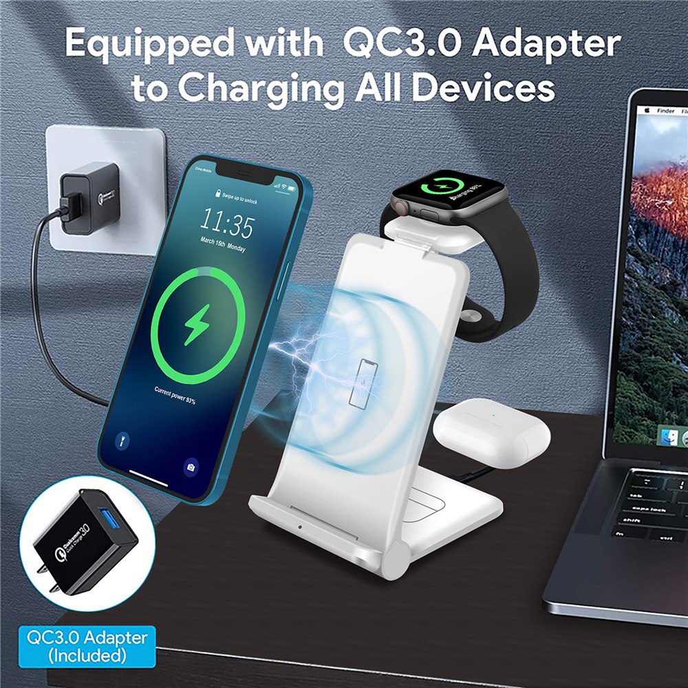 Chargeur sans fil Qi 3 en 1 pour iPhone 13 12 11 XS XR X 8, pour Apple Watch 7 SE 6 5 4 3 AirPods Pro, Station de charge rapide 15W
