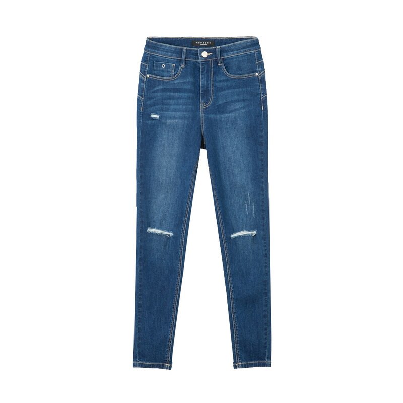 Metersbonwe jean Slim pour femmes jean trou bleu Denim crayon cheville-longueur pantalon Stretch taille femmes jean: Blue / 26