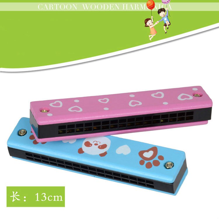 1Piece 13CM Wood Plastic 16 Holes Harmonica Toy Cute Flower Fun Double Row Early Educational Musical Instrument For Kids