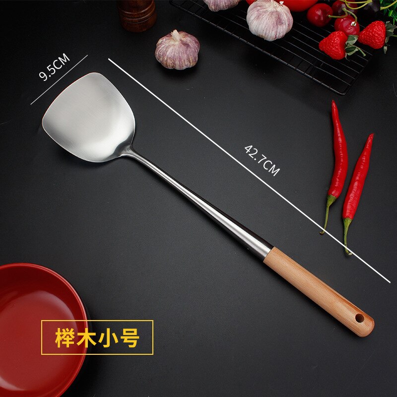 304 Stainless Steel spatula spoon with wooden handle lengthened cooking spoon anti-scalding cooking shovel kitchenware: Beech shovel