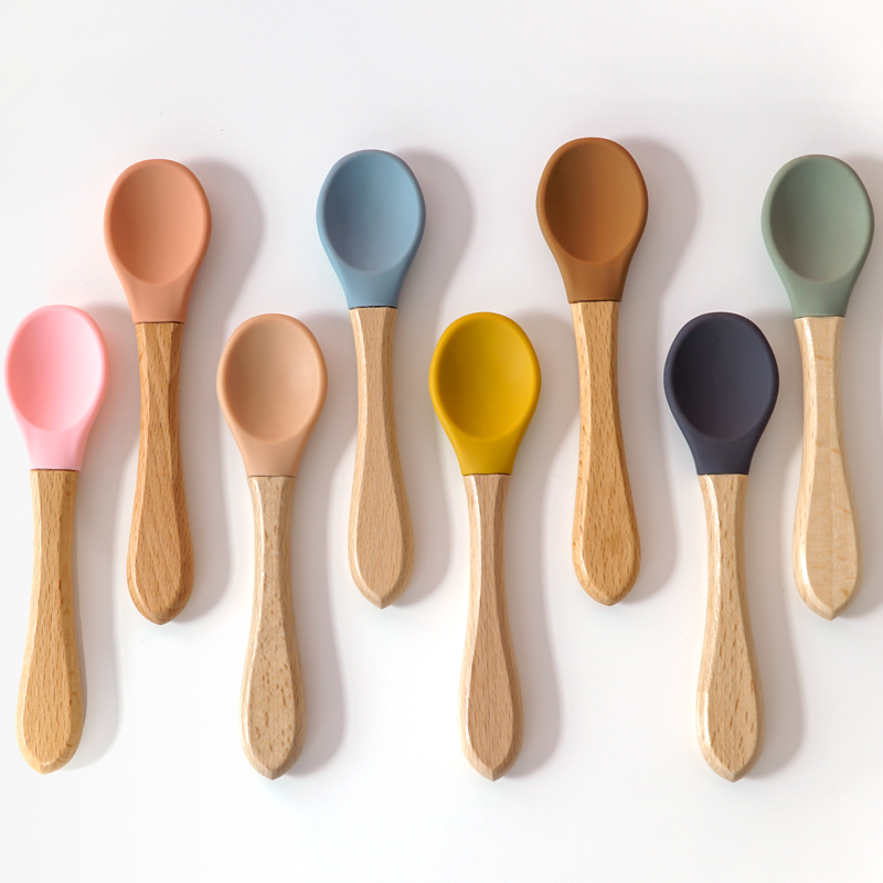 Cuchara de manija de madera silicona para alimentación de niños, utensilios para comer comida sólida, entrenamiento, capacidad de manipulación, vajilla