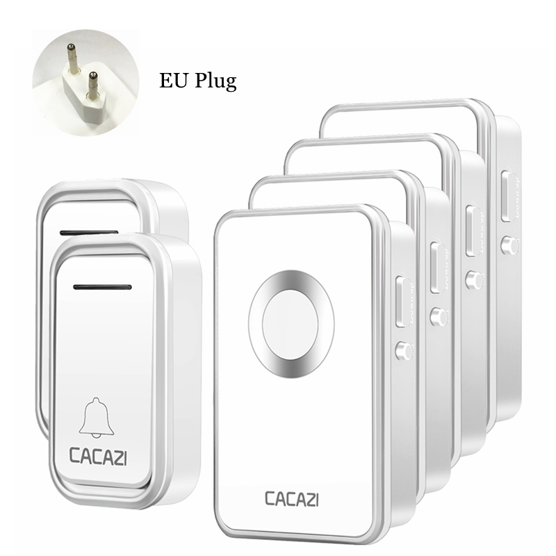 CACAZI Wireless Doorbell Waterproof 300M Remote 2 Battery Button 4 Receiver led light US EU Plug Home Cordless door bell chime: silver 2x4 EU