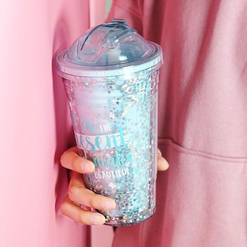 Slik farve 420ml vandflaske til piger søde stjerne pailletter dobbelt lyserøde drikkeflasker med halm