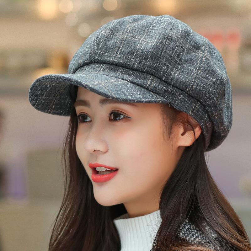 Newsboy Cap Women Autumn Winter Octagonal Caps Artist Painter Hats For Women Men Beret Peaked Cap Female Male Vintage PLaid: Gray