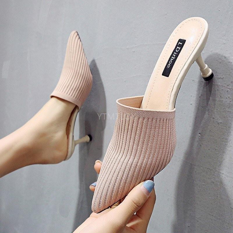 Tricoté élastique Mules pantoufles maison femmes à talons hauts femme chaussette chaussures été Designers Zapatillas Mujer Casa