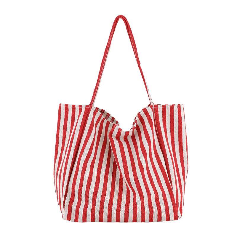 Large Capacity Canvas Women's Bag Retro Simple Striped Women's Shoulder Bag Multifunctional Casual Open Tote Shopping Bag: Thin strip-Red