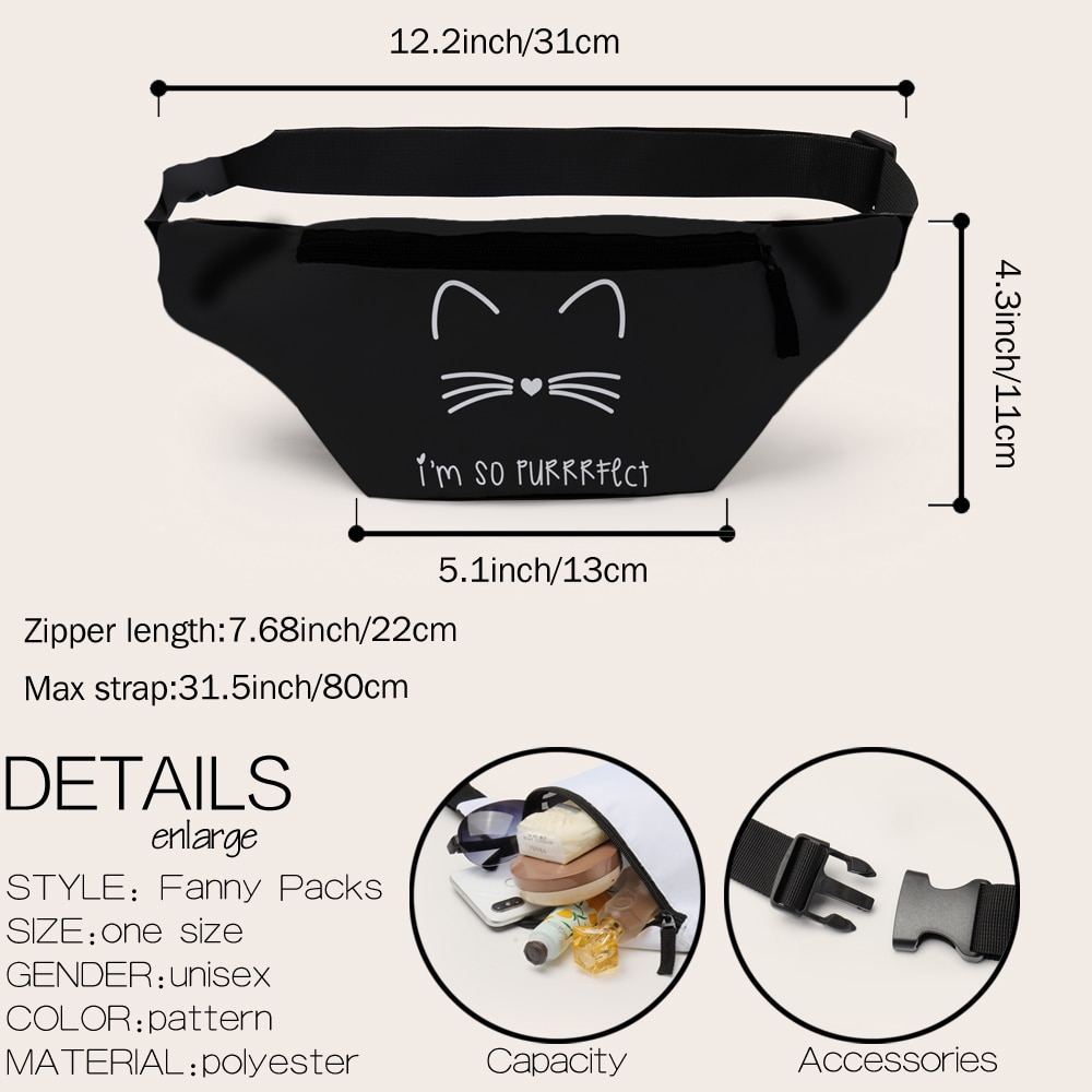 Deanfun Black Cat Belt Bag Cute Purse Bag For Girls Traveled Fanny Pack For Women D18058