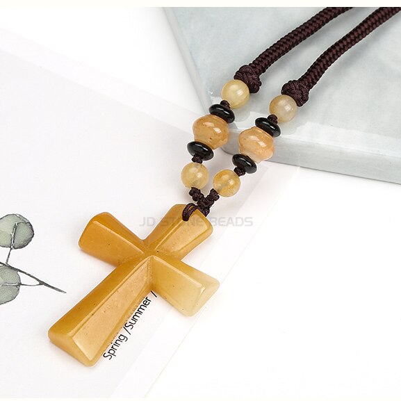 Natural Stone Cross Necklace Hand-woven Rope for Women and Girls Long Sweater Chain Jewelry: Brown