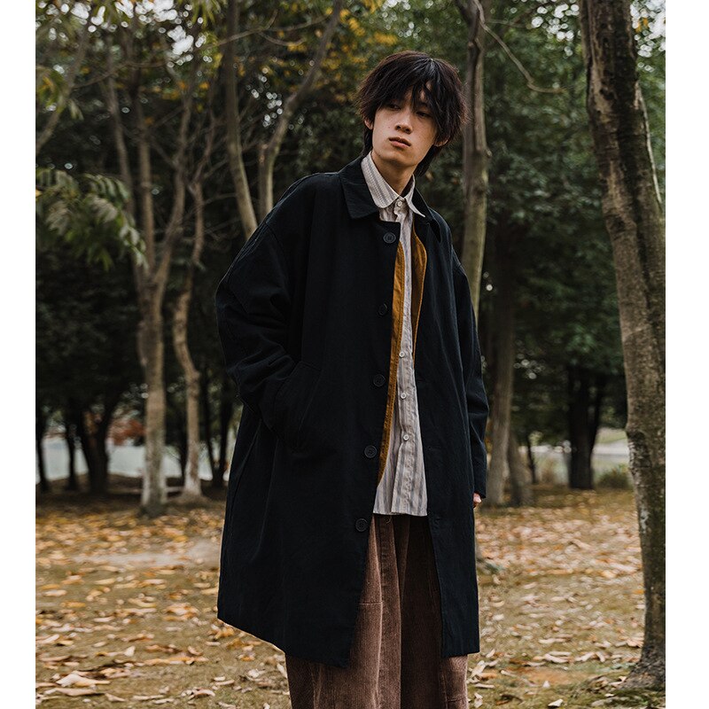 Gabardina básica Retro de estilo japonés Unisex, ropa de trabajo de longitud media, de un solo pecho, por encima de la rodilla, otoño e invierno, 2022: XL / Negro