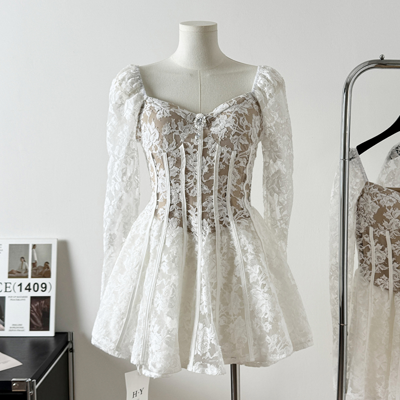 Lace Dress Women Long Sleeve Fishbone Slim Waist Sexy Dress Evening Party Casual Embroidered Floral Mini Dress Female