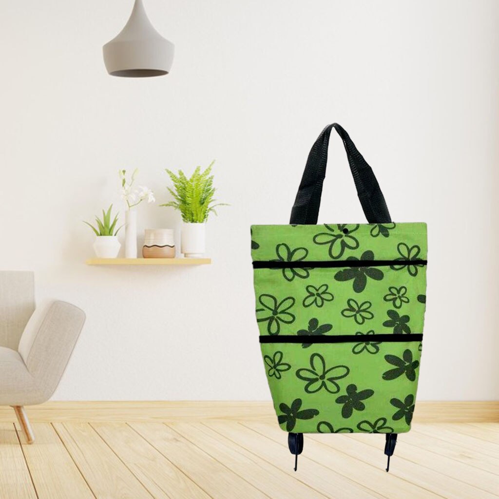 Light Weight Shopping Cart Storage with Wheels Printed Tidy Food Organizer Vegetables Bag Grocery Carts: Black