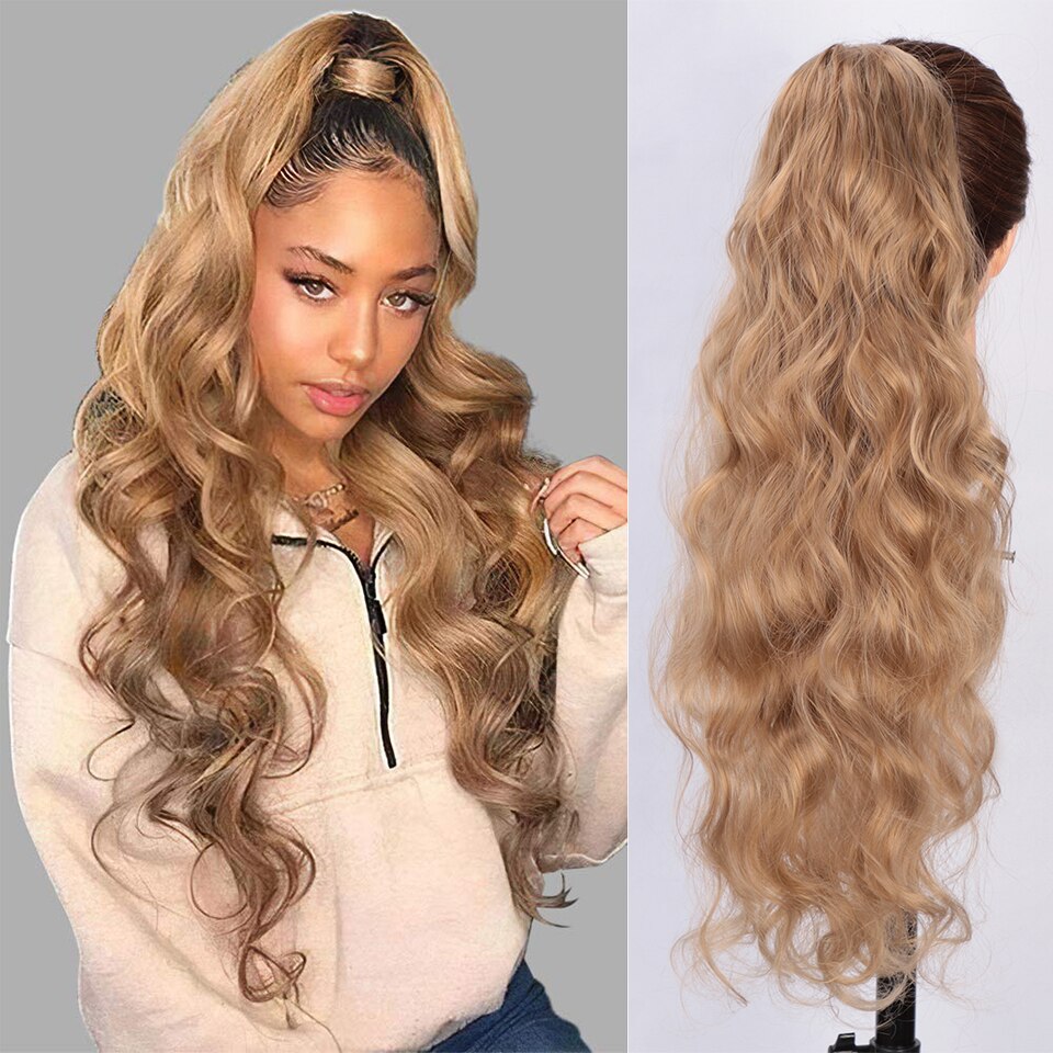 SUe EXQUISITE Synthetic Long Wavy Ponytail Hair for Black Women Gray/Black Synthetic Drawstring Ponytail Clip Hair Extension: light brown