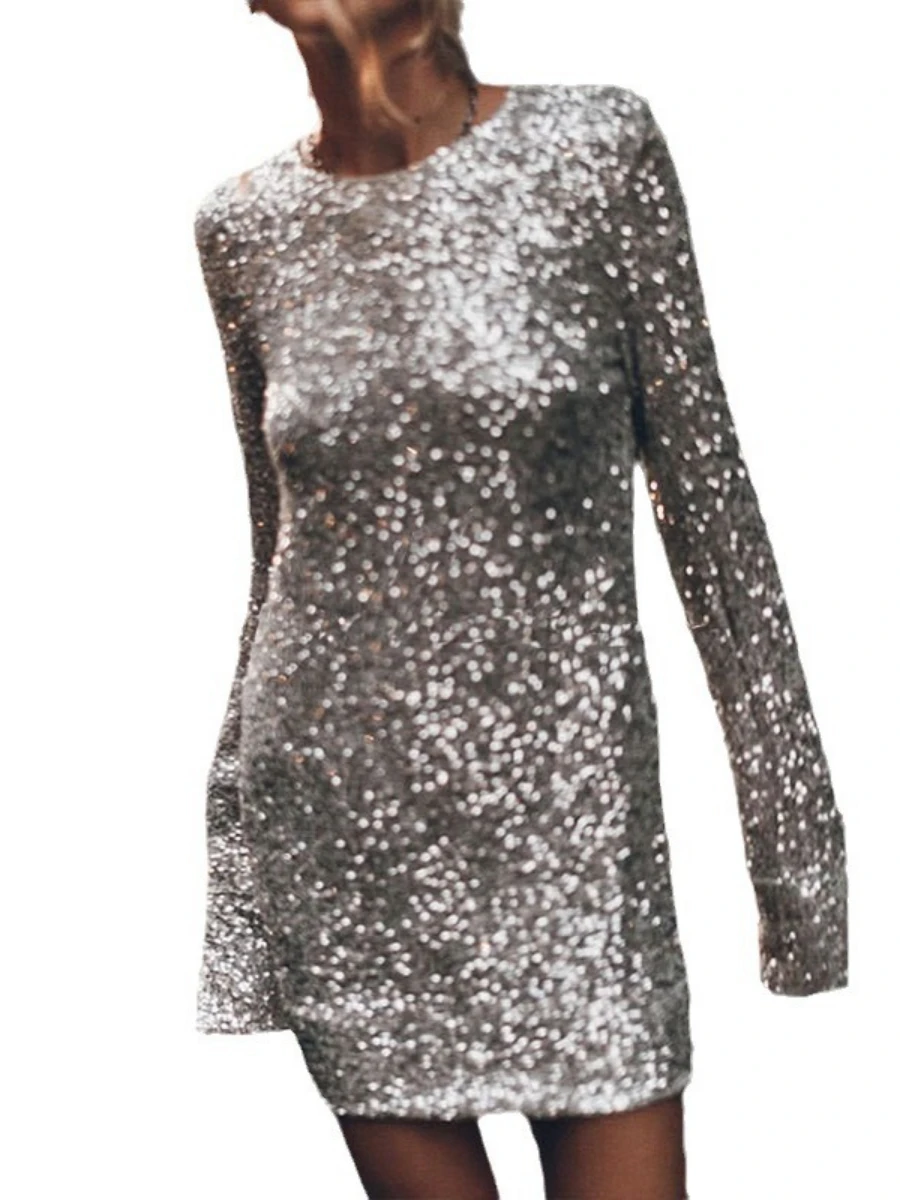 Bornladies Neue Herbst Pailletten Langarm Kleid Modische Damen Rundhals schlank passen Kurzen Felsen Abendessen frauen schick Kleider