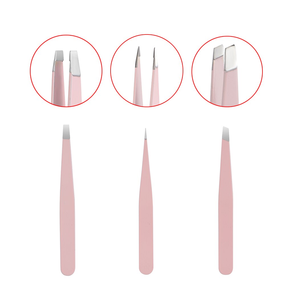 3 Stks/set Wenkbrauw Pincet Rvs Punt Tip/Slant Tip/Flat Tip Ontharing Make-Up Tool Kit Met tas Case