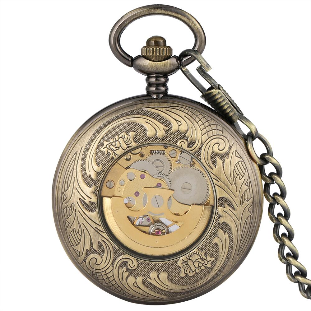 Reloj de bolsillo mecánico automático para hombre y mujer, con transparente de Bronce Antiguo, reloj de bolsillo automático, con cadena Retro