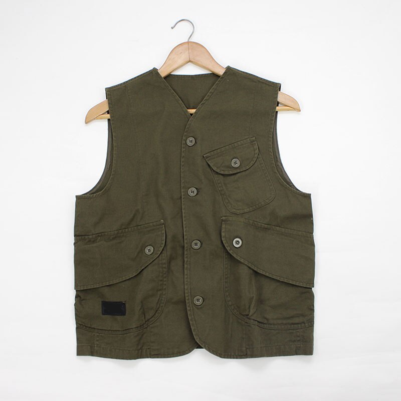Herren Westen Männlichen Taschen Westen Einreiher Herbst Frühling Weste Schulter Jacke Koreanische entladen fest Farbe Mäntel: dunkel Grün / S