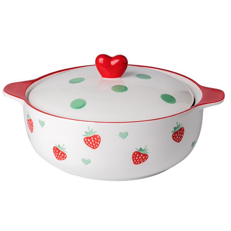 1.5l keramisk binaural skål med låg stor kapacitet suppeskål jordbær mønster mad serveringsskål til hjemmekøkken madlavning