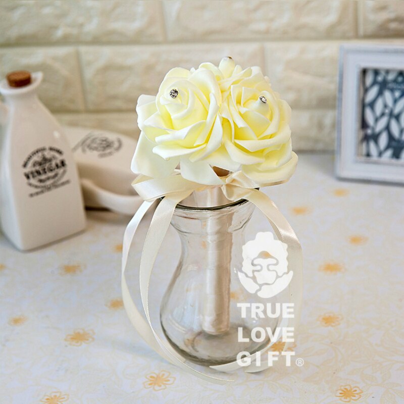 Bonito ramo romántico para boda , ramo pequeño de flores para dama de honor, novia, cinta con flores y diamantes de imitación de noiva