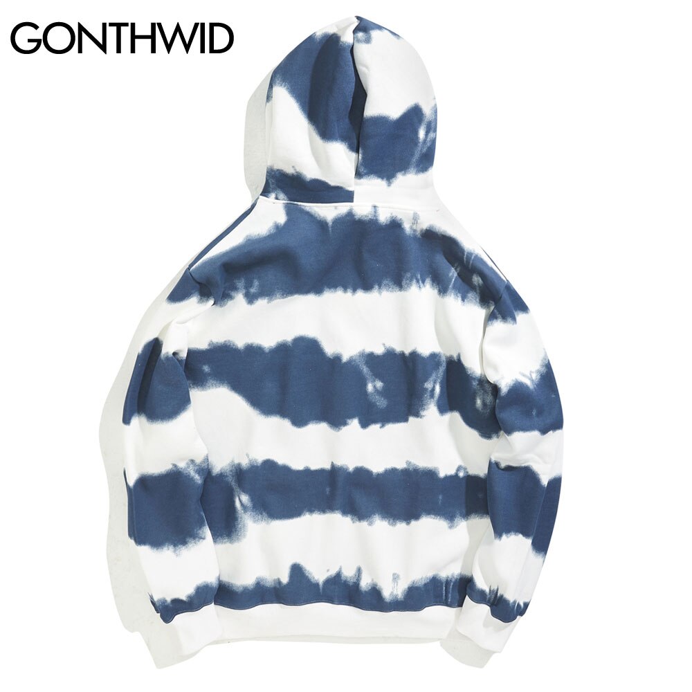 GONTHWID Harajuku Embroidery Daisy Tie Dye Striped Fleece Hoodies Sweatshirts Streetwear Mens Hip Hop Casual Pullover Tops