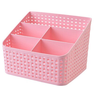 Office Stationery Holder, Four Compartment Plastic Rattan Plaited Desk Organizer Storage Holder for Office Desk: pink large
