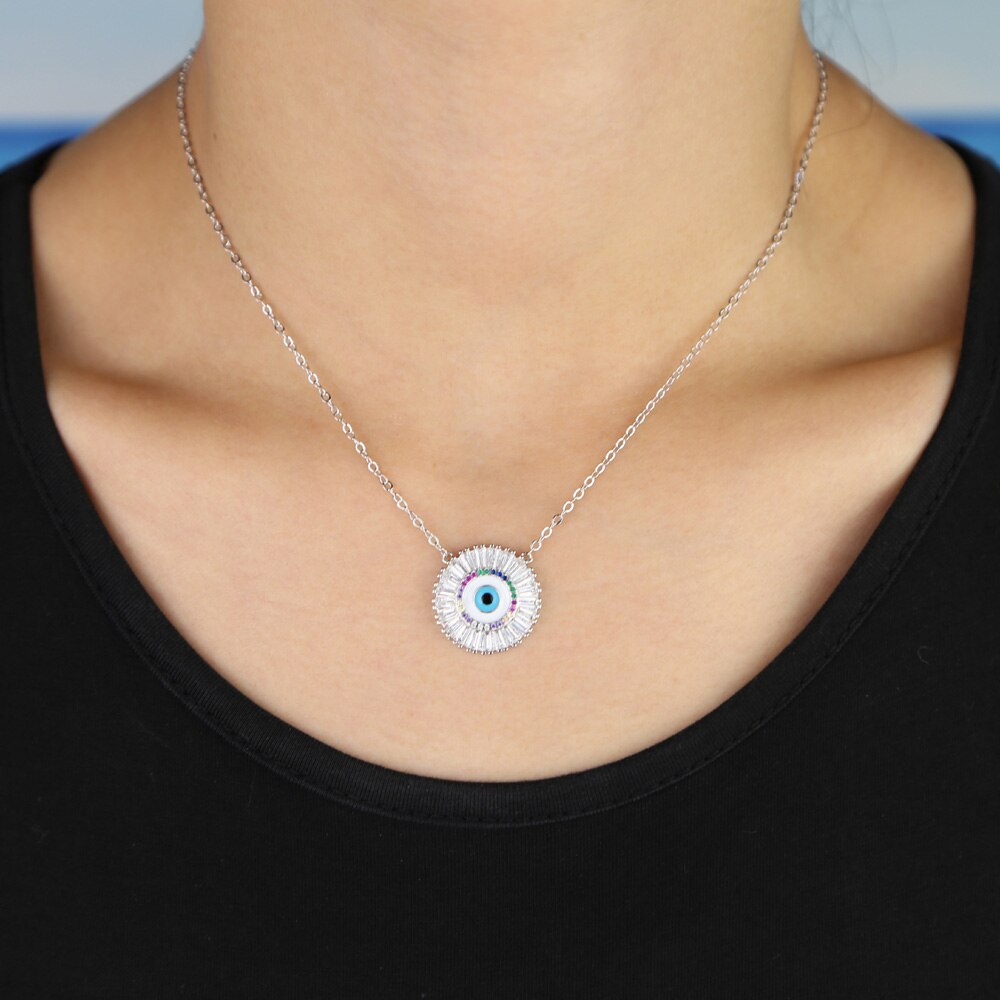 Cz Kettingen Turks Grote Witte Regenboog Stone Evil Eye Ronde Hanger Vrouwen Ketting Meisje Sieraden