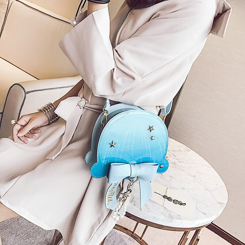 Pastell Ozean Quallen Tasche Nette Lolita Mädchen Marine Blau Bogen Perle Farbe Schulter Tasche Cross Body Satchel Messenger Handtasche