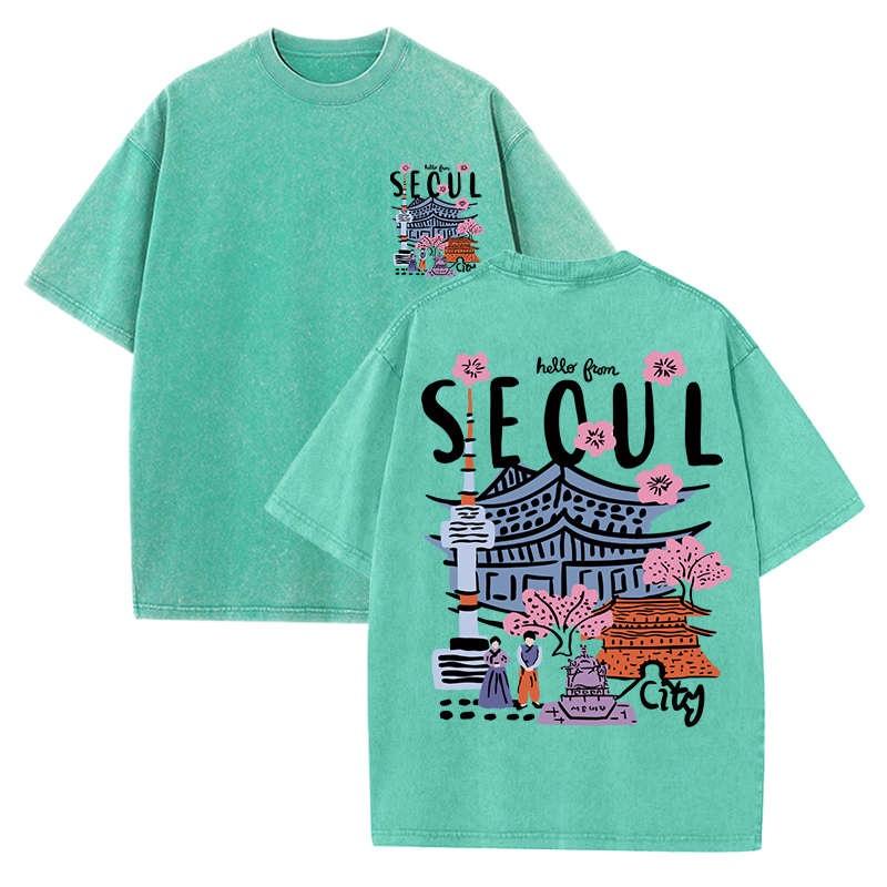 Seoul vacker natur tryckt tvättad t-shirt dam sommar rund hals kläder trendiga bomull kortärmade casual t-shirts: L / Grön
