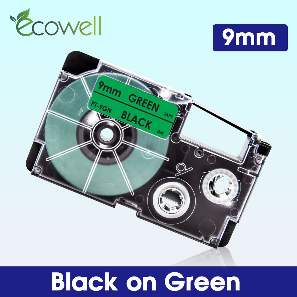 Ecowell XR-9WE XR-9X XR-9RD XR-9BU 9mm label For Casio XR-9YW XR-9GN XR-9GD label tape for Casio KL-60 KL-120 KL-100 Label Maker: Black on Green
