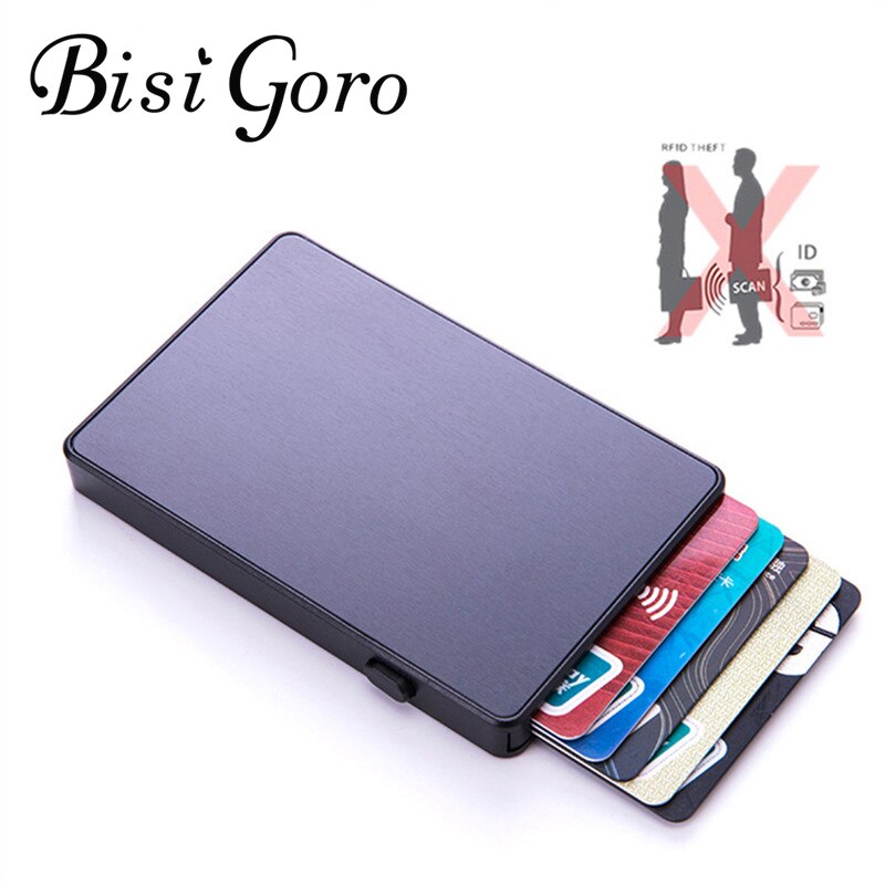 BISI GORO Anti-diebstahl Aluminium Einzigen Box Smart Brieftasche Dünne RFID Kupplung Pop-up Push-Taste Karte halter Neue Name Karte Fall