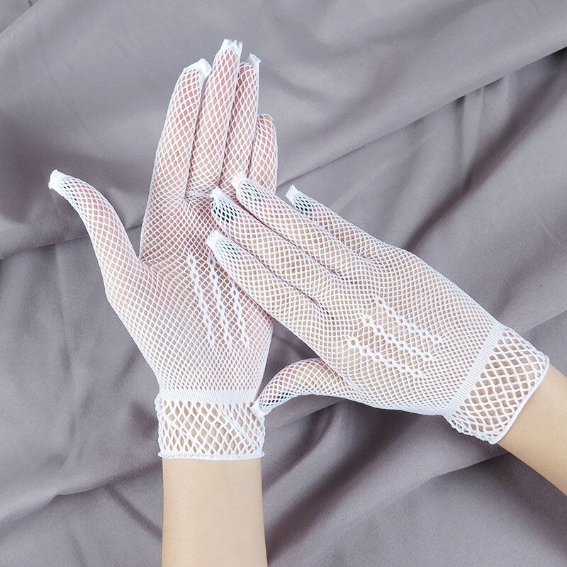 Ladies Short Lace Gloves Maid Sheer Fishn Net Black White Prom Tea Party Gloves Female&#39;s Fashionable Mittens for Women: white