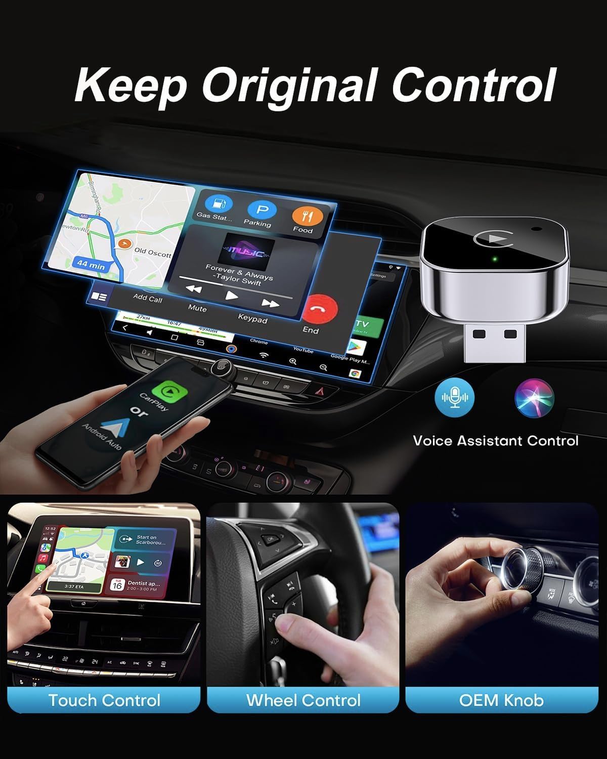 Draadloze carplay-adapter voor apple iphone & android (upgrade), plug-and-play, snelle en stabiele verbinding met carplay & android.