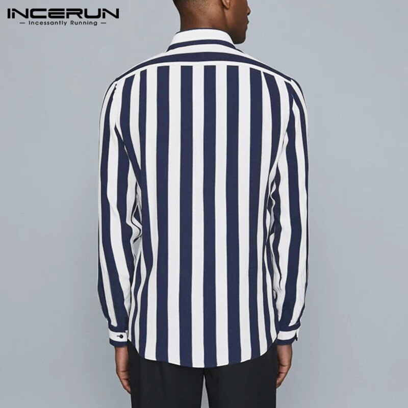 Camisas masculinas moda listrado botão blusa incerun manga longa lapela vestido camisas primavera homem solto casual streetwear S-5XL
