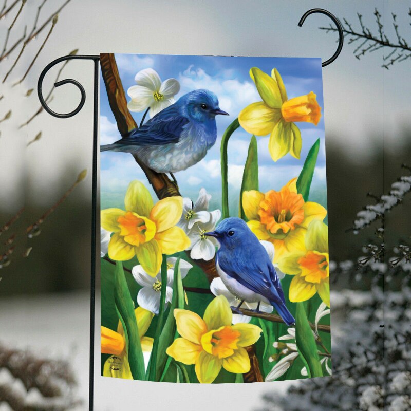 Drosseln Und Narzissen Frühling Garten Flagge Blumen- Ostern Banner Garten Dekor Haushalt Hängen Flagge