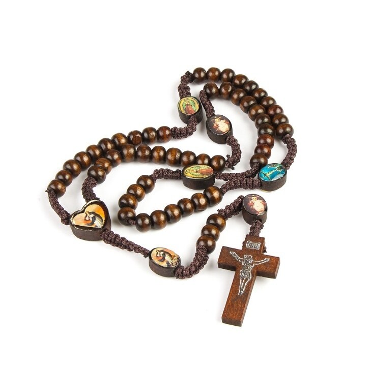 Salem – collier chapelet avec croix et jésus, ornement religieux et catholique: coffee