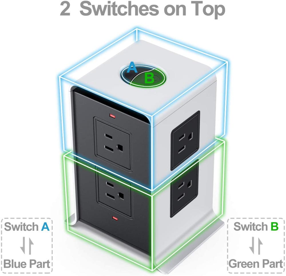 Power Strip Surge Protector with USB Outlet Socket Surge Protector Tower 8 Outlet 4 USB Ports US Plug 16.4FT/5M Extension Cord
