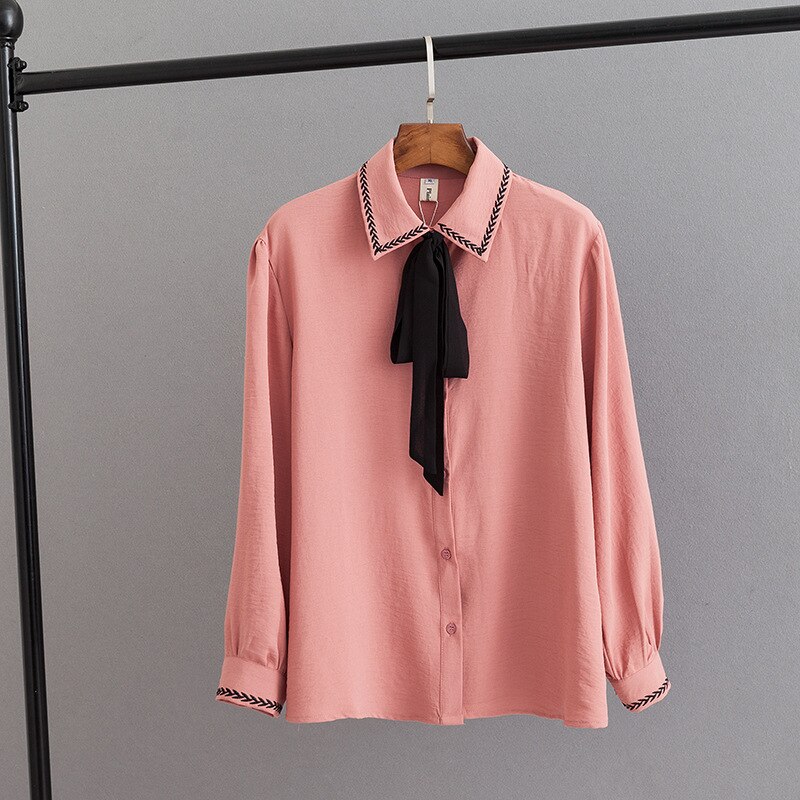 Dames Lente Herfst Plus Size Tops Voor Vrouwen Blouse Grote Casual Lange Mouw Boog Losse Roze Geel Shirt 4XL 5XL 6XL: Roze / 5XL