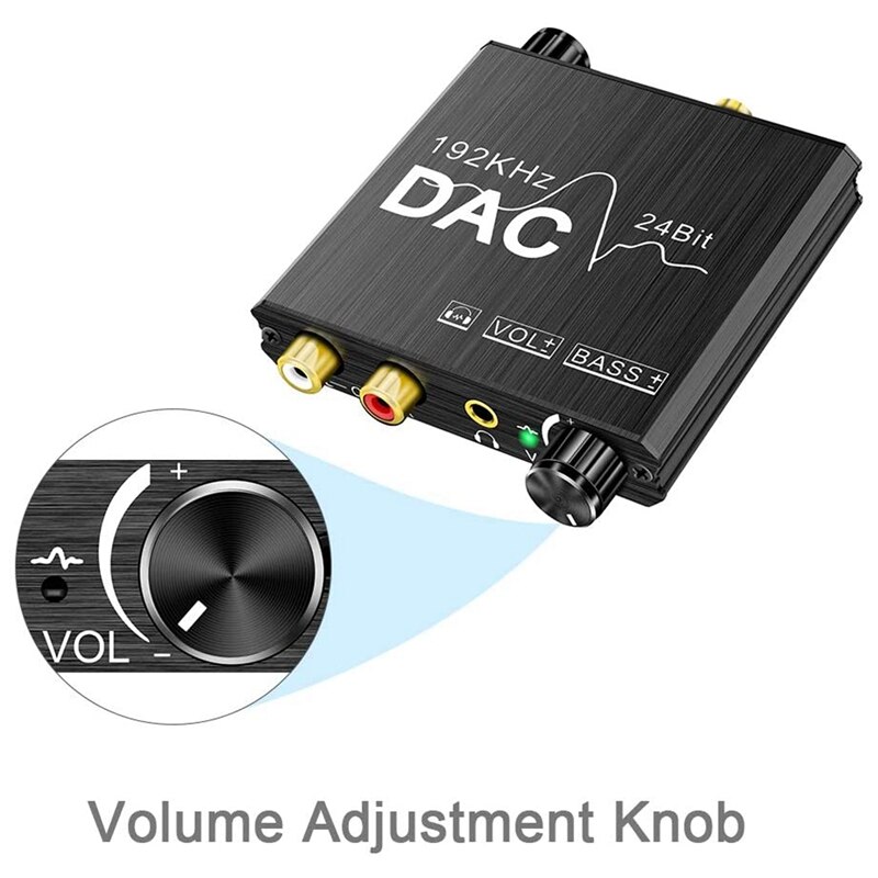 192KHz Digital to Analog Audio Converter with Bass and Volume Control, SPDIF/Optical/Coaxial to Analog Stereo Converter