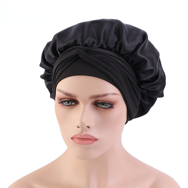 Gorro de dormir liso de satén para mujer y hombre, gorro para dormir de noche, para el cuidado del cabello, Unisex: black