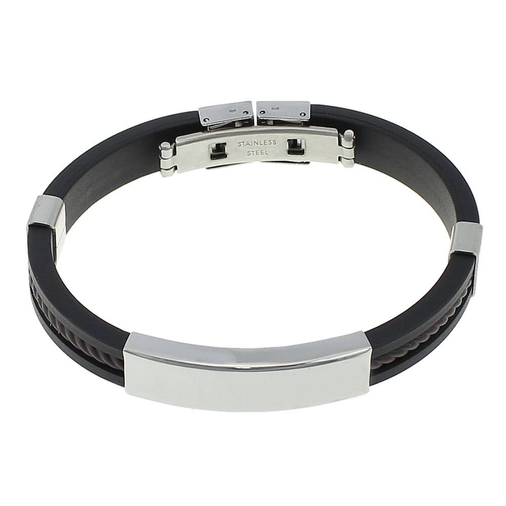 men Punk Bracelet Cuff Bracelet Stainless Steel Men's steel Hand Strap Black Silicone Rubber Bracelet: deep coffee color