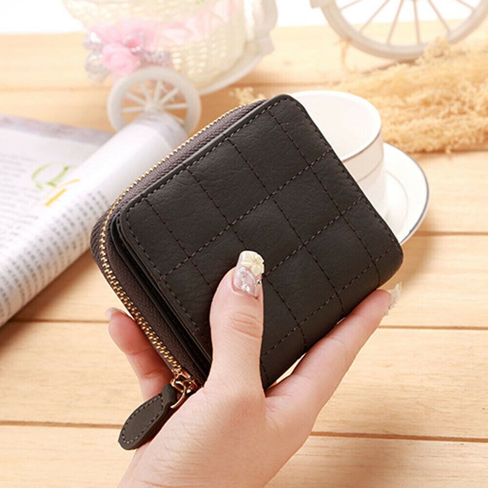 Vrouwen Dames Solid Folding Wallet Leather Zip Plaid Portemonnee Clutch Kleine Mini Kaarthouder Vrouwelijke Tas: Coffee