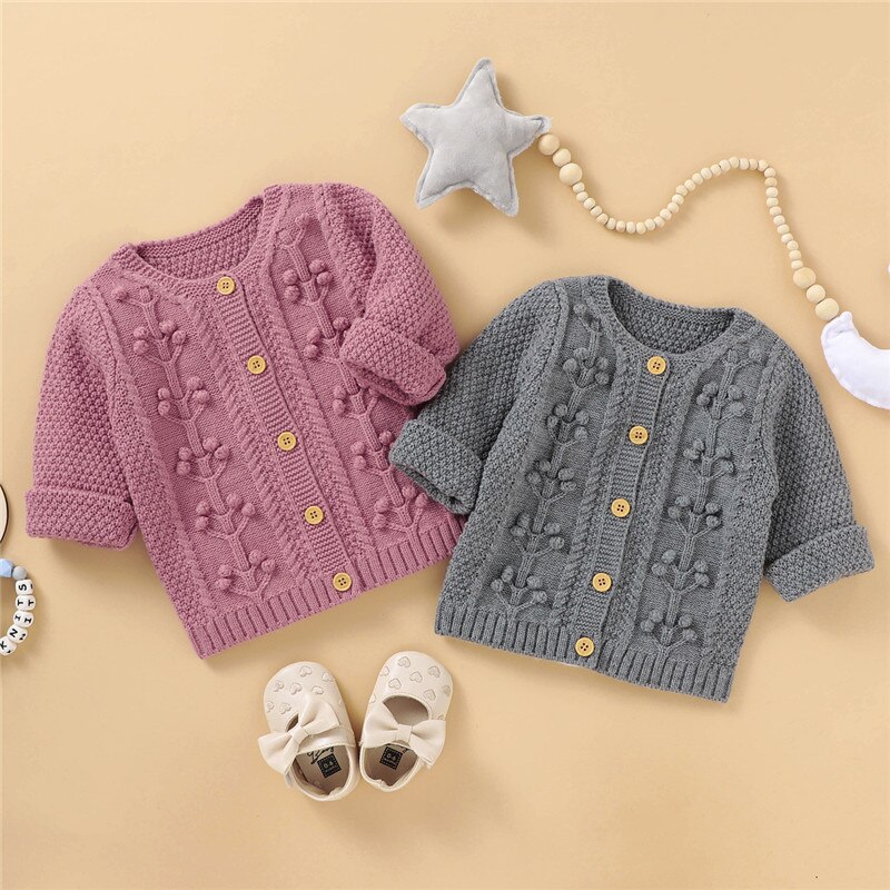 Baby Knitting Sweater Round Neck Long-Sleeve Casual Flower Buttons Girl Autumn Knittwear Top