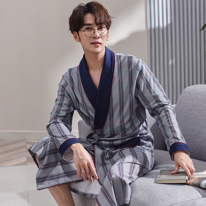 Primavera otoño Albornoz rayado hombres de algodón completo top para dormir batas Kimono para hombre batas bata de baño larga novia batas de 3XL