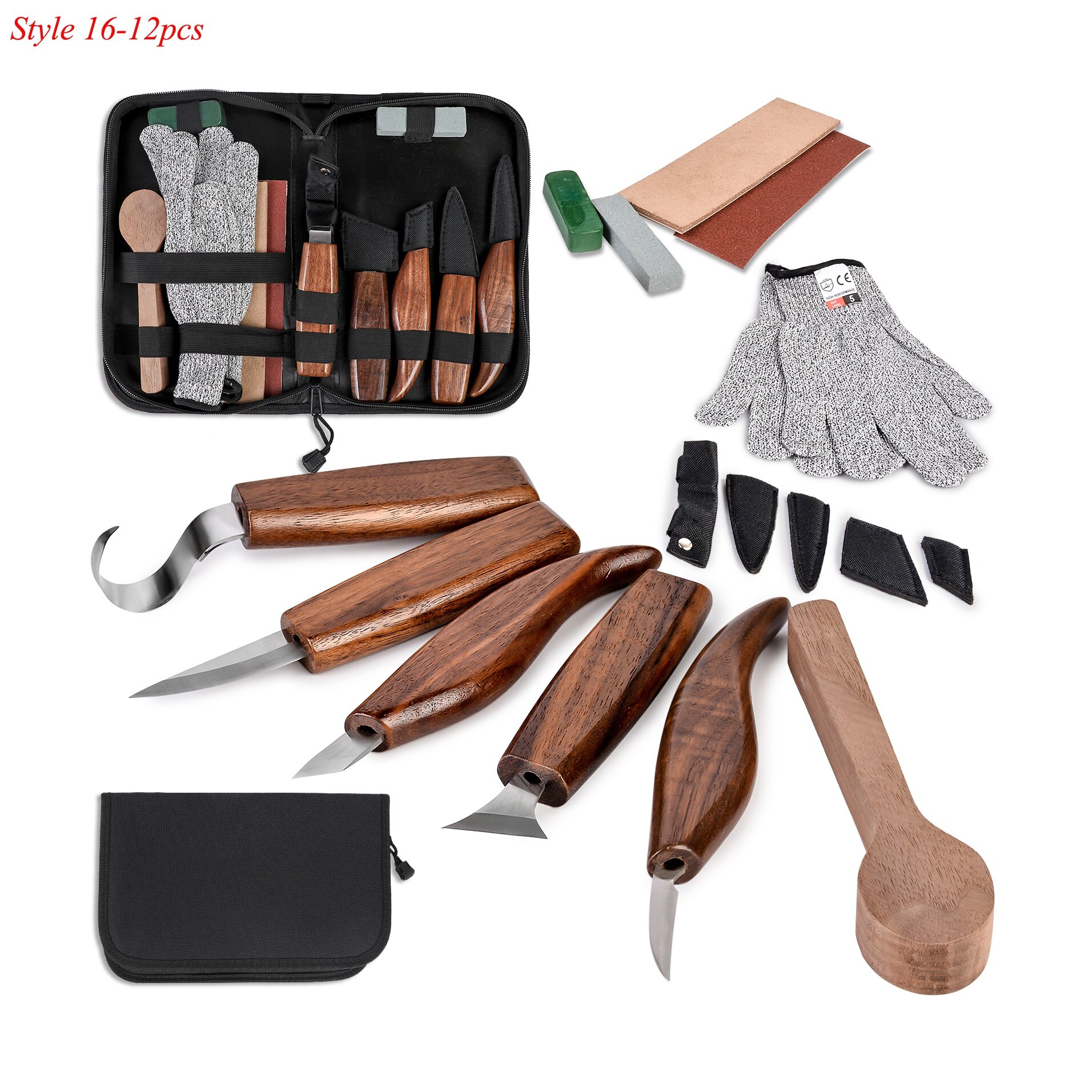 Wood Carving Tools Set Hook Carving Knife Kit for Beginners Detail Wood Knife Whittling Resistant Gloves Leather Sheath: MULTI