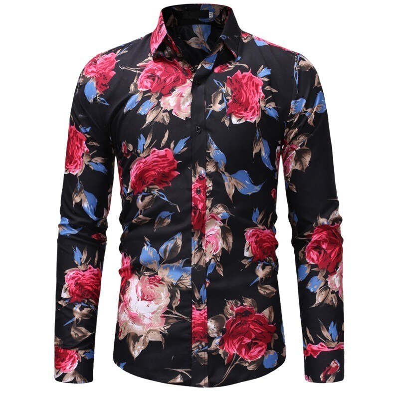 hommes automne casual imprimé chemise homme à manches longues Floral imprimé chemise Slim Fit fleur chemise hauts M-3XL