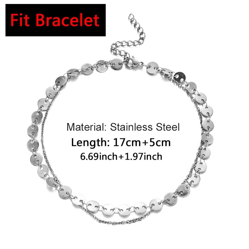 Bracelet de cheville, chaîne à paillettes, en acier inoxydable, deux niveaux, pour le pied, Yoga, pour la plage, breloque, bijoux: 22CM-Silver