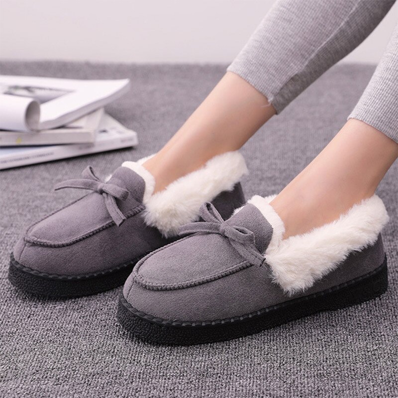 Kvinnor vinter tofflor skor plysch varma lägenheter dam halkfri slip on casual bowtie komfort höst toffel kvinna: Grå / 8.5