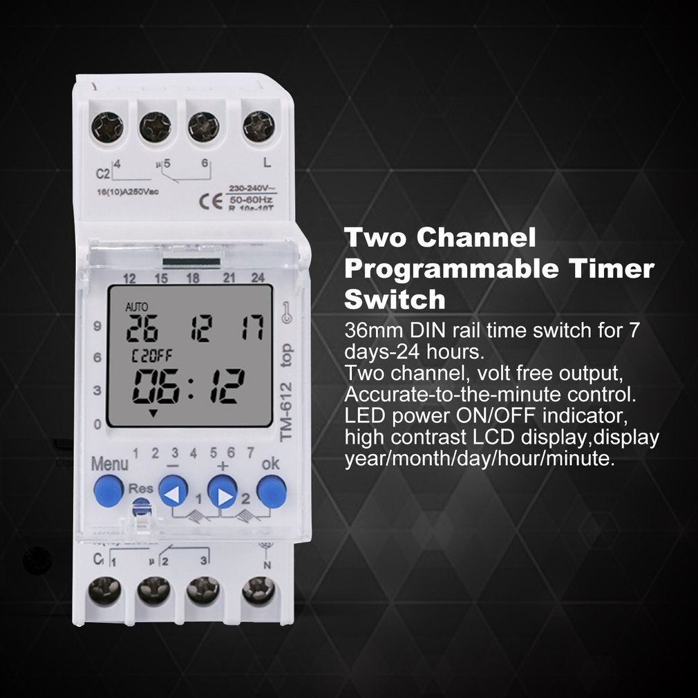 SINOTIMER 220V TM612 Two Channel Timer 7 Days 24Hours Programmable Electronic LCD Digital Time Switch with Two Relay Outputs