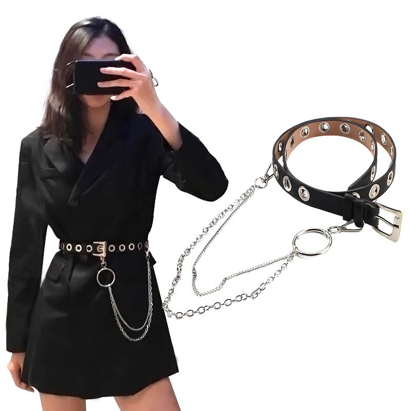Holle punk jurk jeans riem met ketting pu leer verstelbare zwarte ring riem rij gat oogje vrouwelijke decoratieve taille riemen: Default Title
