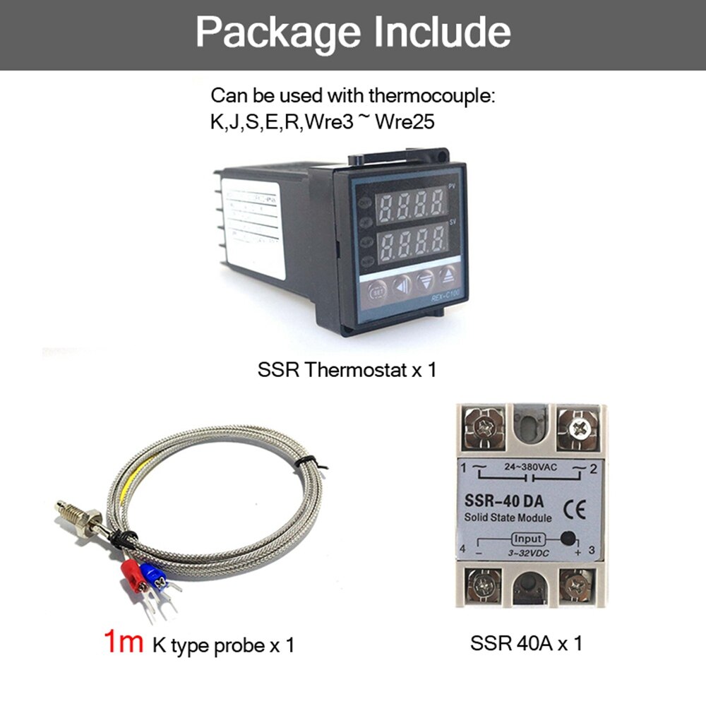 Dual Digital PID Temperature Controller Thermostat Kit REX-C100 with SSR-40DA heat sink K probe Thermocouple: SET 4